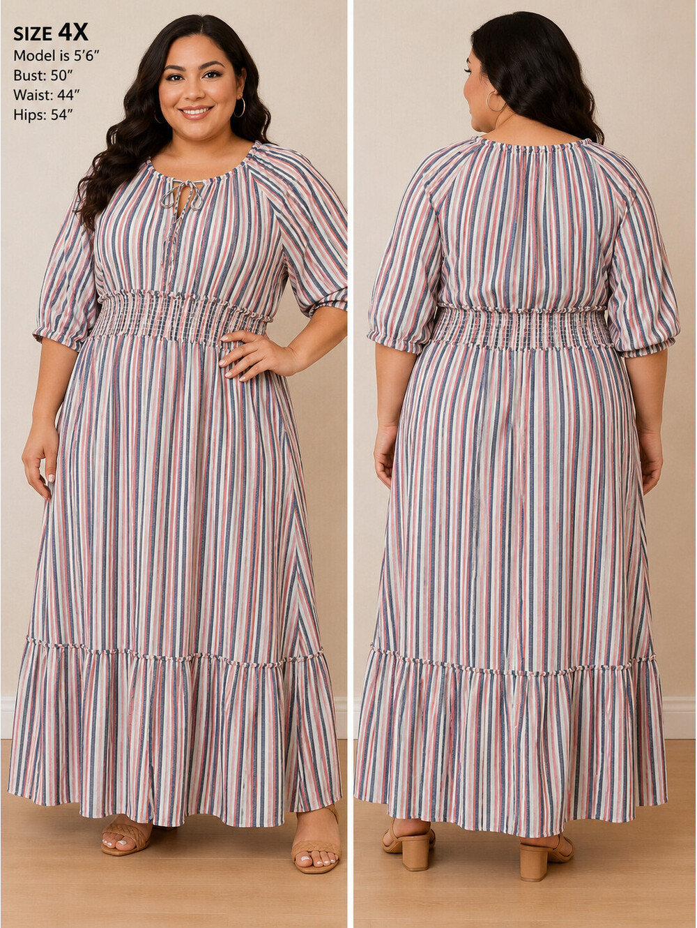 Caslon Plus Size 3X Striped Maxi Dress with Smocked Waist and 3/4 Sleeves